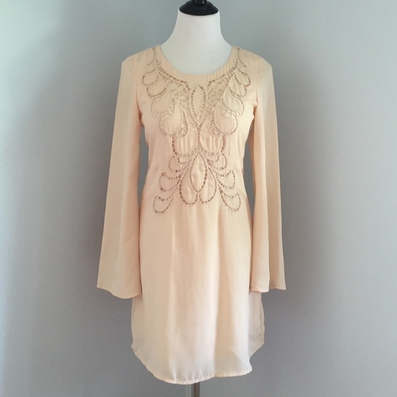 Ya Los Angeles Long Sleeve Boho Mini Dress Ivory Cream White - Picture 1 of 4